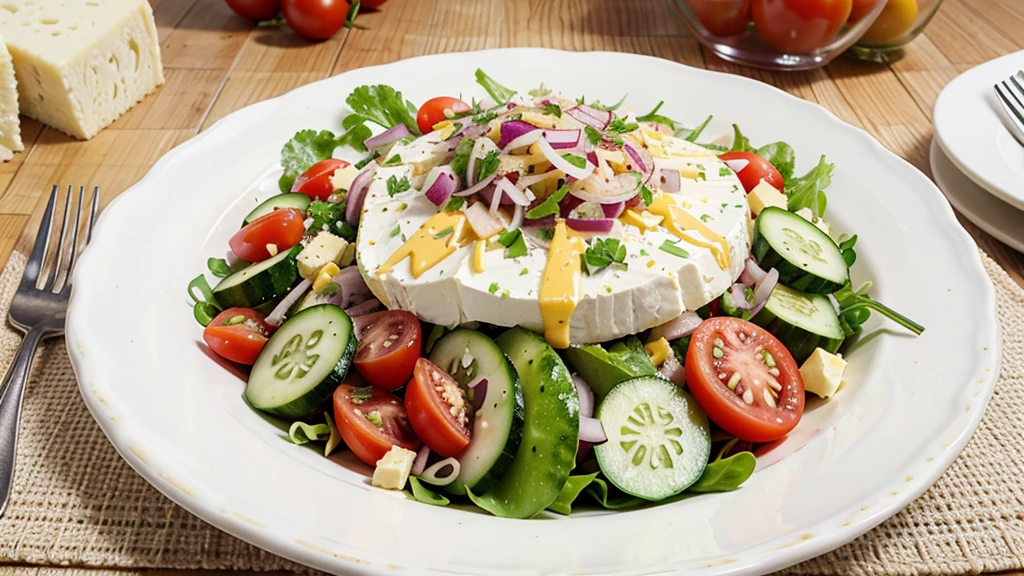 salad with tomatoes, cucumbers, Cheese, No, ham and onions