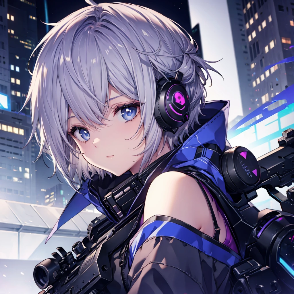 (((Gray Hair　Short Hair　blue eyes　sniper rifle)))，((Crow　night　Blue Full Moon))，(rooftop　Drop shoulder　　cyber punk　Shiny Earrings　Headphones around the neck　Purple light)，　Sweat　A tense look　Also々funny Face