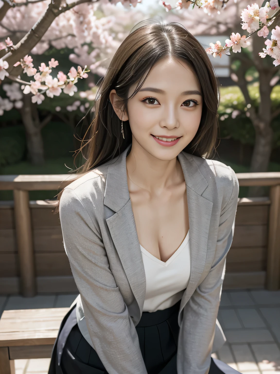 Leanwg forward,A little visible valley,skirt,One girl, Lookwg_w_Audience, smile, Japan, Tokyo, Cherry Blossom, Octane Renderwg, 一人w, Very skwny,V-neck buswess suit,A neat image,Mature Woman