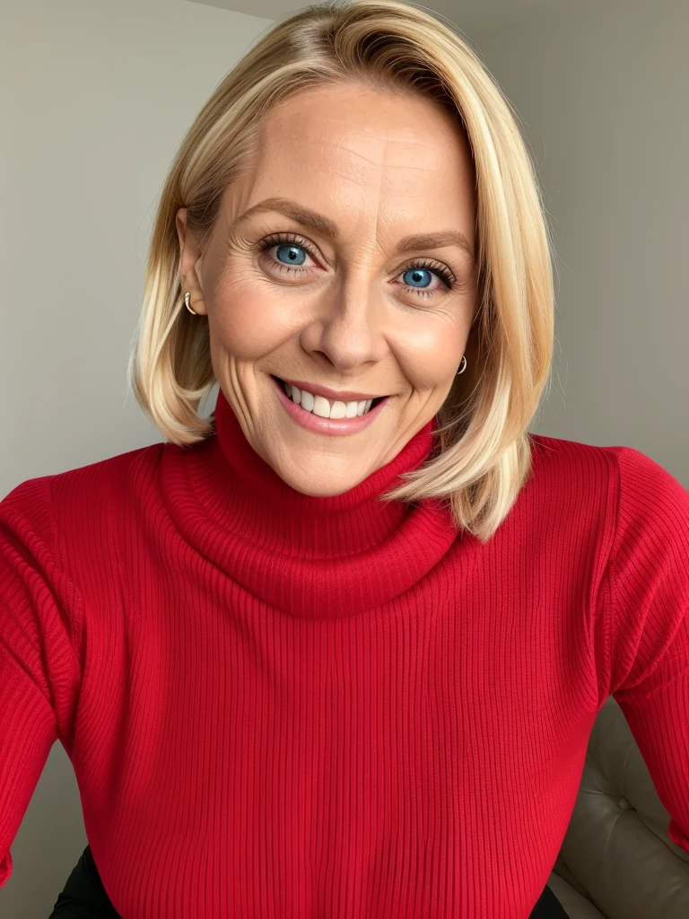 photo of a playful cute slutty horny blonde mature submissive wife with big bulging beautiful eyes, She wears: (turtleneck high ribbed bright tight red sweater:1.1), submissive seductive pose, high tight ribbed neck, seductive smile, perfect fake tits, turtleneck top