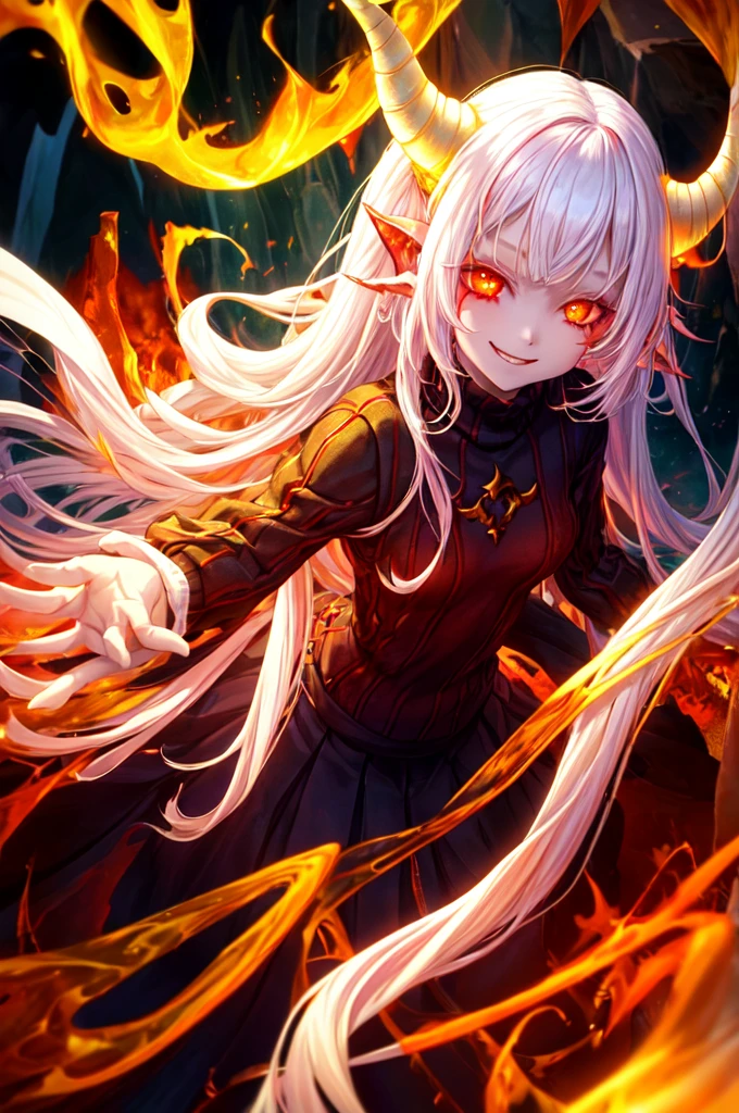 1 demon girl, , solo, cute smile, long white hair, pale skin, dark sweater, red rough texture horns, glowing yellow eyes, fantasy,
dramatic lighting , hell scenery
best quality, masterpiece,