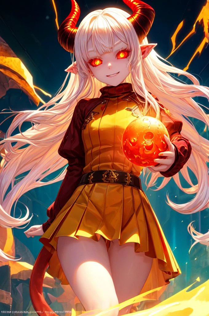 1 demon girl, , solo, cute smile, long white hair,  pale skin, dark sweater,  red rough texture horns, glowing yellow eyes, fantasy,
 dramatic lighting , hell scenery 
best quality, masterpiece,