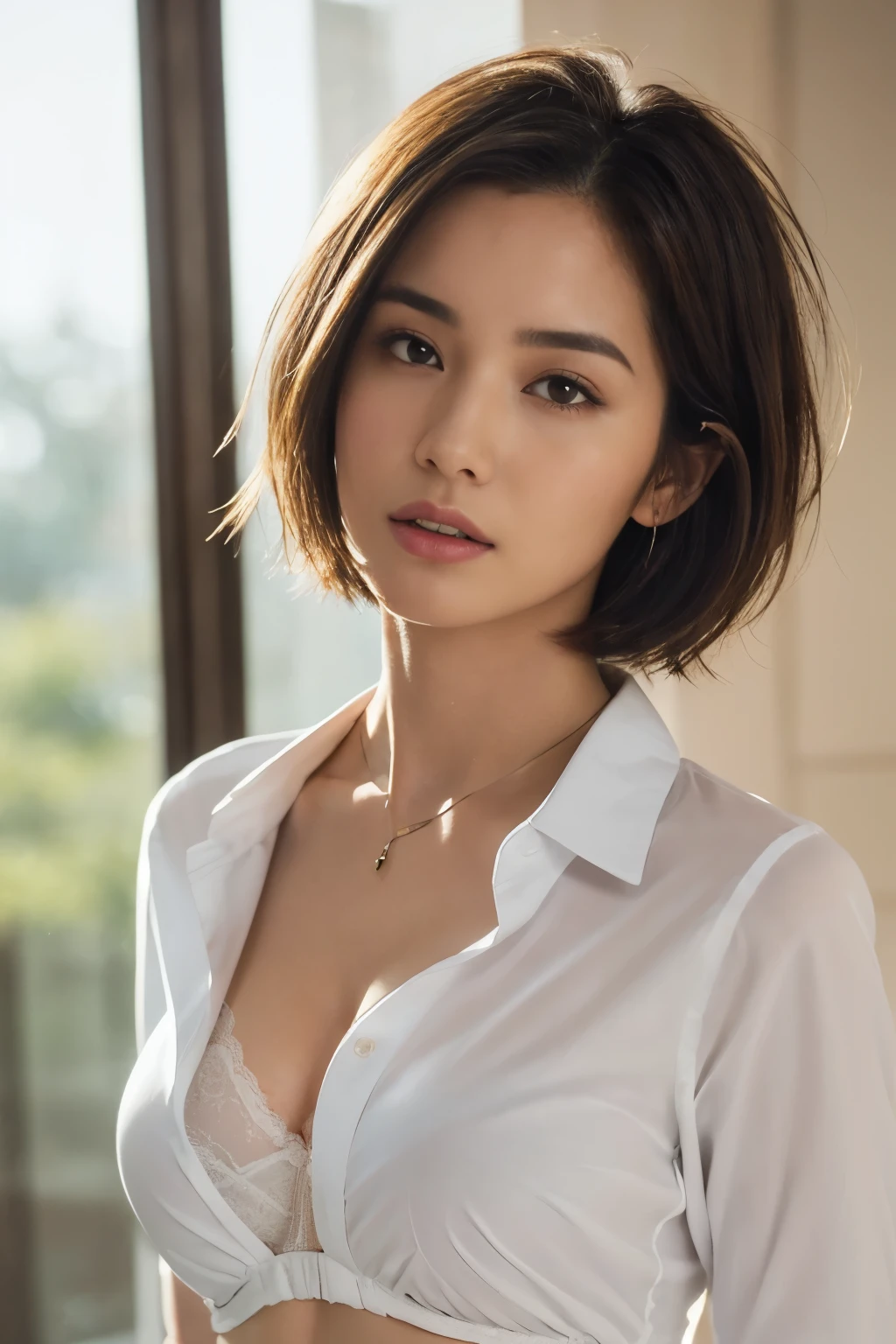 ((top-quality、8K、​masterpiece: 1.erfect Body Beauty: 1.4、Slender Abs: 1.2、Beautiful woman with slender abs:1.3、(Highlight Haircutreast B Cup:1.2), medium breast, round shape breast, perfect shape breast, ((  sexy , ((white shirt open)), black bra )), necklace, hyperdetailed face、18year old、 Pretty women、(Dark brown short-cut hair), Slim Face、Highly detailed facial and skin texture、very detailed lips、opens legs、top-quality、​masterpiece、超A high resolution、(Photorealsitic:1.4), walked forward confidently, long shot ,  studio setup, photography steup, light from both side, background,