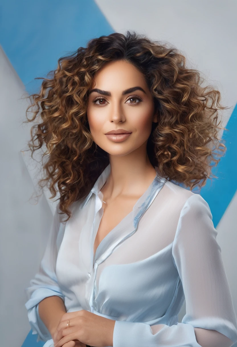 I created an image of a digital influencer woman who brings lightness and abundance, but she also transfers strength, she is sophisticated, very beautiful, she is about 34 years old, she inspires other women with her elegance, her curly hair, light brown eyes , the color of your blouse or dress is blue and the background of the photo is white and your face can be seen clearly I want a realistic photo