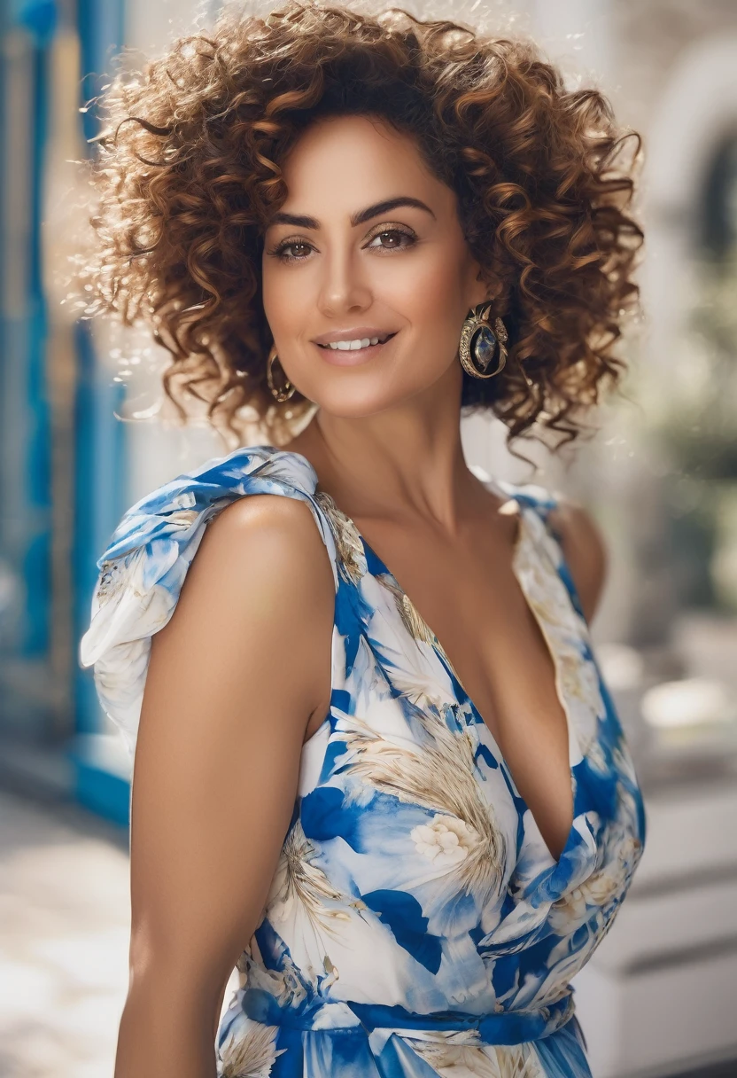 I created an image of a digital influencer woman who brings lightness and abundance, but she also transfers strength, she is sophisticated, very beautiful, she is about 34 years old, she inspires other women with her elegance, her curly hair, light brown eyes , the color of your blouse or dress is blue and the background of the photo is white and your face can be seen clearly I want a realistic photo