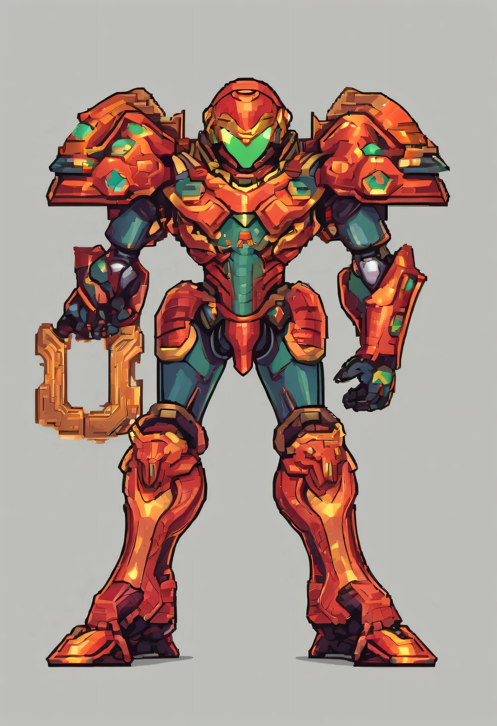 Imagine Samus Aran from the Metroid video game wearing a detailed armor inspired by the Knights of the Zodiac. This armor is colorful and ornate, with golden details and elements representative of the knights. Samus is in a heroic pose, with her hand raised high, holding a futuristic weapon, and a determined look in her eyes. The scene radiates an aura of power and bravery while blending the essence of Metroid with the epic style of the Knights of the Zodiac