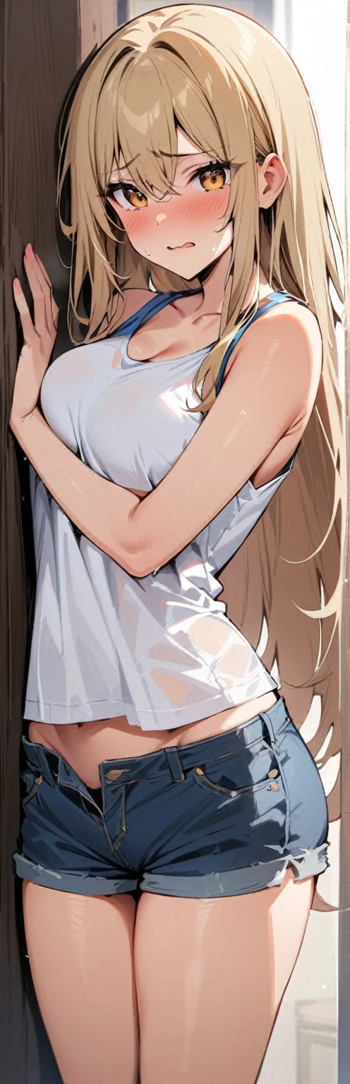 (masterpiece, Highest quality:1.2), One girl, Embarrassed, Long Hair, White sleeveless tank top,Blue Denim Shorts