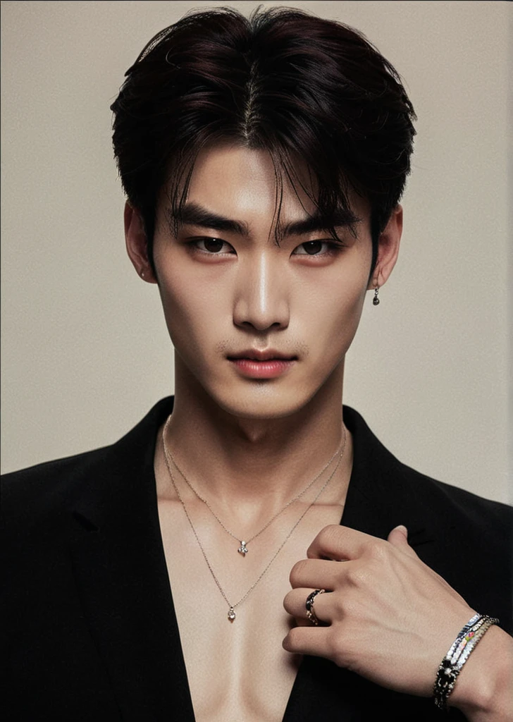 a close up portrait of a dominant, rugged, handsome, attractive, perfect, masculine man, Cha Eunwoo, Ulzzang man, wearing a black outfit, detailed facial features, strong jawline, piercing eyes, chiseled features, intense expression, dramatic lighting, cinematic, high contrast, moody, dark atmosphere, realistic, photorealistic, 8K, high resolution, cinematic lighting, studio lighting, joyas