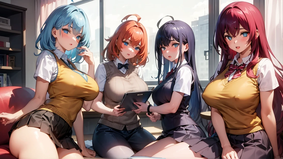 ((4girl:1.5)),rias gremory,red hair, ahoge, blue eyes, large breasts ,
BREAK (otonokizaka , pleated skirt, , short sleeves, skirt, summer uniform, sweater vest, yellow sweater vest,:1.2)
BREAK  sitting in an office chair, on a desk,
BREAK (masterpiece:1.2), best quality, high resolution, unity 8k wallpaper, (illustration:0.8), (beautiful detailed eyes:1.6), extremely detailed face, perfect lighting, extremely detailed CG, (perfect hands, perfect anatomy),