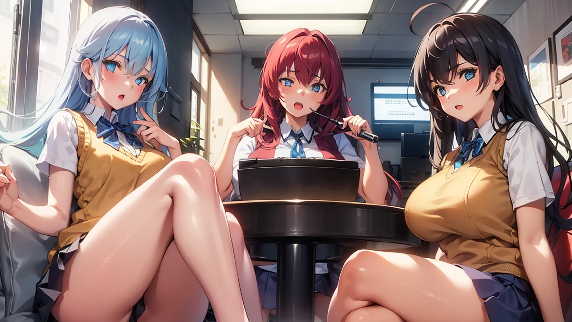 ((4girl:1.5)),rias gremory,red hair, ahoge, blue eyes, large breasts ,
BREAK (otonokizaka , pleated skirt, , short sleeves, skirt, summer uniform, sweater vest, yellow sweater vest,:1.2)
BREAK  sitting in an office chair, on a desk,
BREAK (masterpiece:1.2), best quality, high resolution, unity 8k wallpaper, (illustration:0.8), (beautiful detailed eyes:1.6), extremely detailed face, perfect lighting, extremely detailed CG, (perfect hands, perfect anatomy),