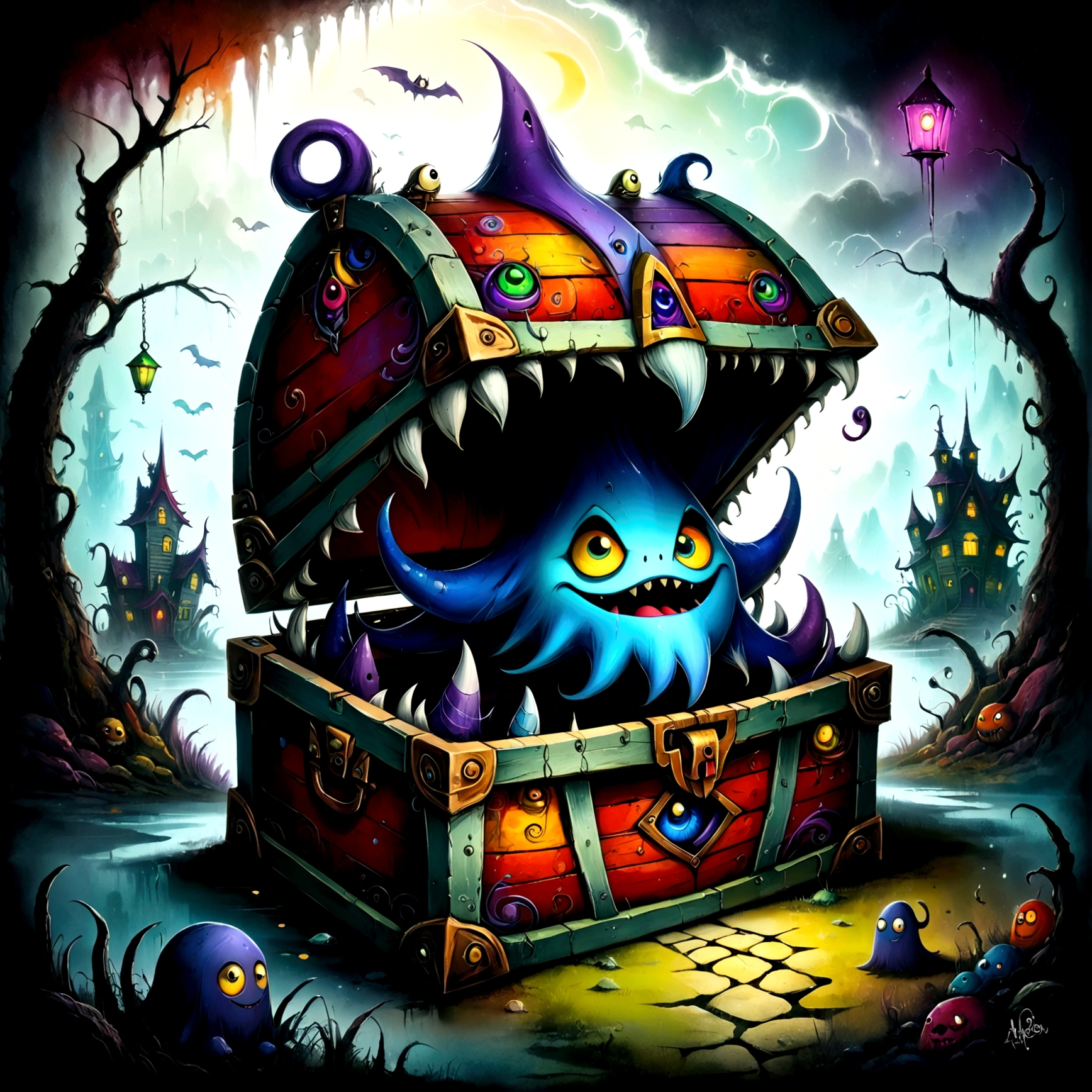 Colorful treasure chest monsters,Artistically expressed,by Alexander Jansson　style, Stunningly beautiful work, The characters and elements of the landscape fit perfectly within the image frame, Detailed realization, Define high quality, Expressive Face, Sharp eyes,(background:Ghost House),masterpiece,Cute Monster,(mimic chest)