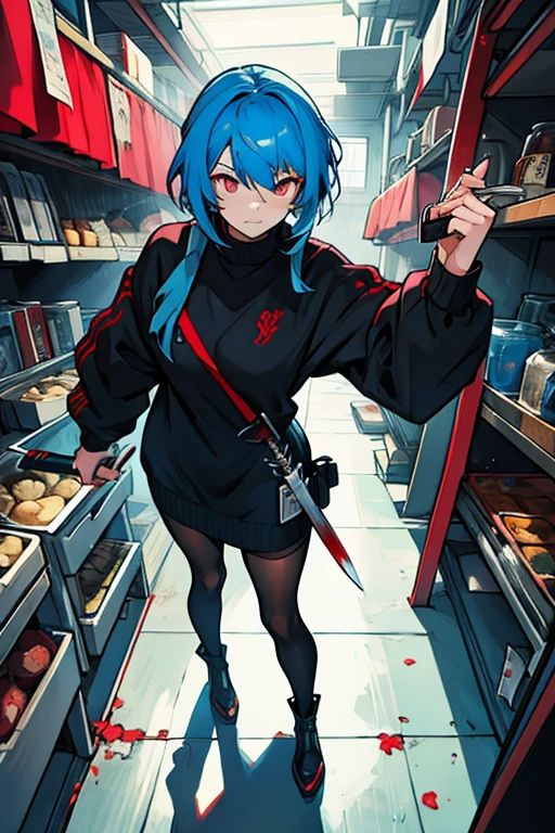 Young woman blue hair red eyes black sweater long stockings holding a knife