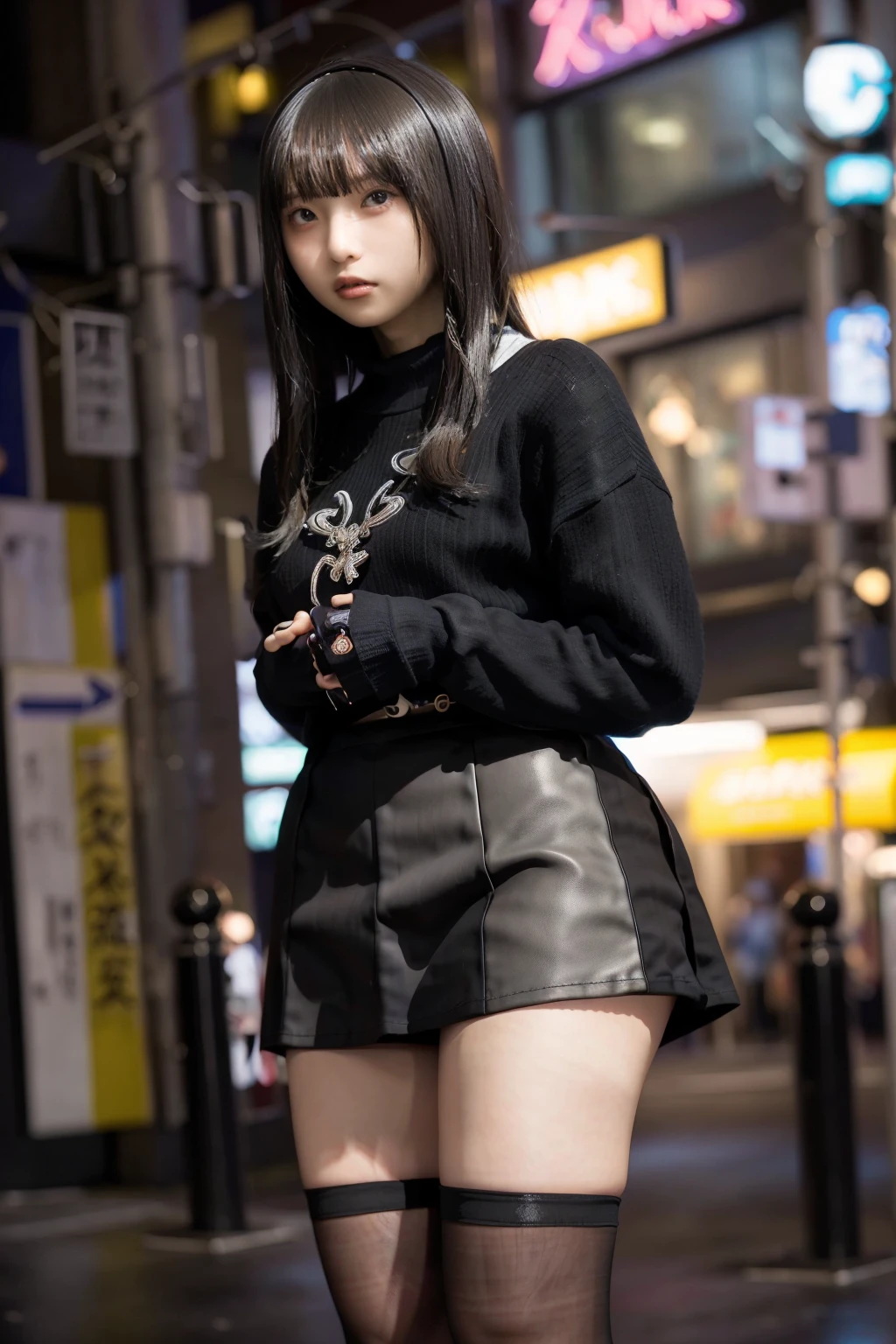 High angle shot, Street Snap, Standing in the neon city at midnight, woman(expensive)There are three gals, (Three Girls), Amazingly cute, Japanese blonde hair, blonde hair, short hair, hairband, glaring, furrowed brow, makeup, grimace, scowl, Surrealism, first-person view, first-person view, Wide-Angle, uhd, anatomically correct, super detail, 16K, タイトスカートとタイトな黒ストッキングをはいたwomanの全身撮影, Off-the-shoulder long-sleeve knit, Accentuate your cleavage, Exposing your belly, Black mini skirt, Korean girl, ( Ivory Black ), Choi Hong-hwa, Lee Ji-eun, Lee Ji-eun, Korean women's fashion model, Ulzzang, Korean, sakimichan, Jaeyoung Nam, Kim Tae-jun, Micro Mini Skirt, (The skirt is very short), (Very long legs), (very wide thighs), (She always wears black stockings), (ヒールがexpensiveブラウンの厚底プラットフォームハイヒールを着用), Accurate high heels,