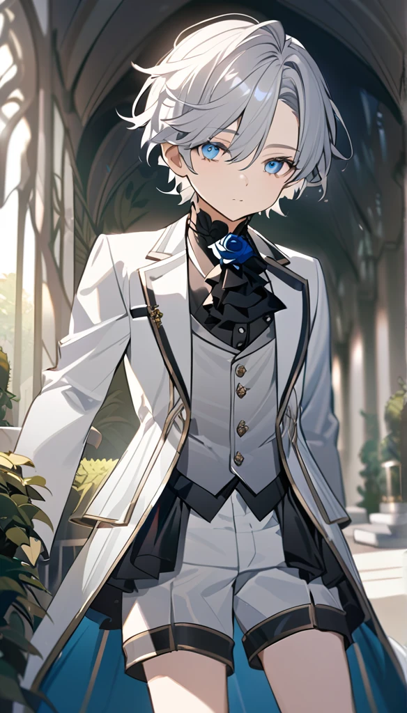 Handsome，very beautiful，1 little boy，young，alone，white short hair，blue eyes，black shirt，Luxurious white blazer，((Gray suit shorts))，black garters，((blue Rose))，White satin ribbon clothing decoration，Exquisite clothing details，Calm expression，Holy，Goethe-style，garden