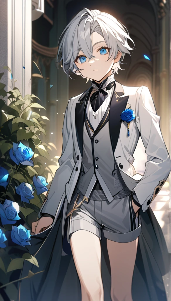 Handsome,very beautiful,1 little boy,young,alone,white short hair,blue eyes,black shirt,Luxurious white blazer,((Gray suit shorts)),black garters,((blue Rose)),White satin ribbon clothing decoration,Exquisite clothing details,Calm expression,Holy,Goethe-style,garden