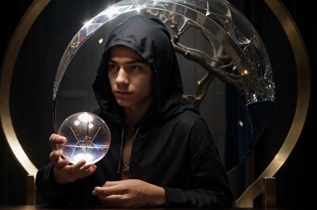 young male magician, head covered with a hood, holding a magic crystal ball, there's a big black dragon behind you, inside a ball of lightning