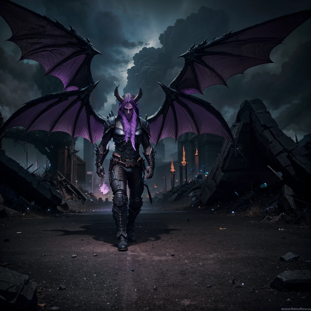Realistic game character in Warcraft style. big, black fire breathing dragon with wings and tail. In black and purple color. Against the backdrop of the apocalypse 