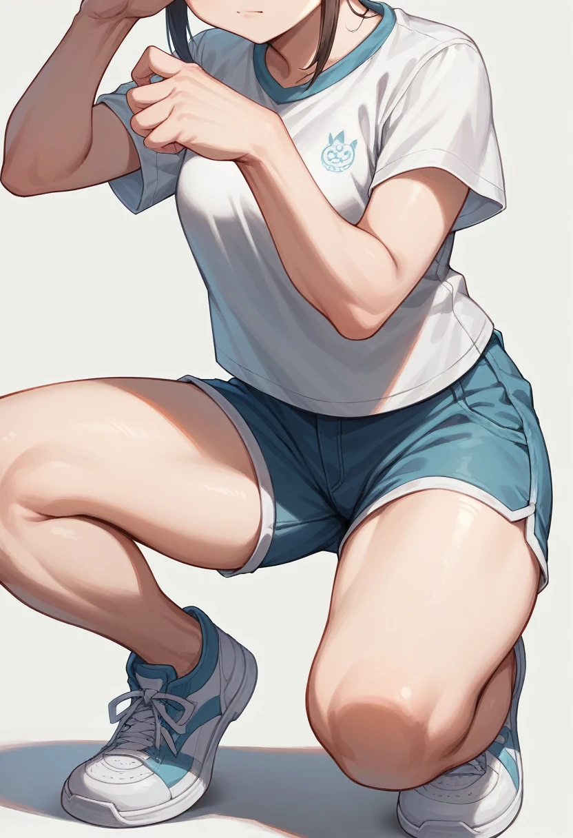 3 year old girl,cute,Highest quality,Shorts,Pose with bent legs,close,Crouching pose,Muchimuchi Body
