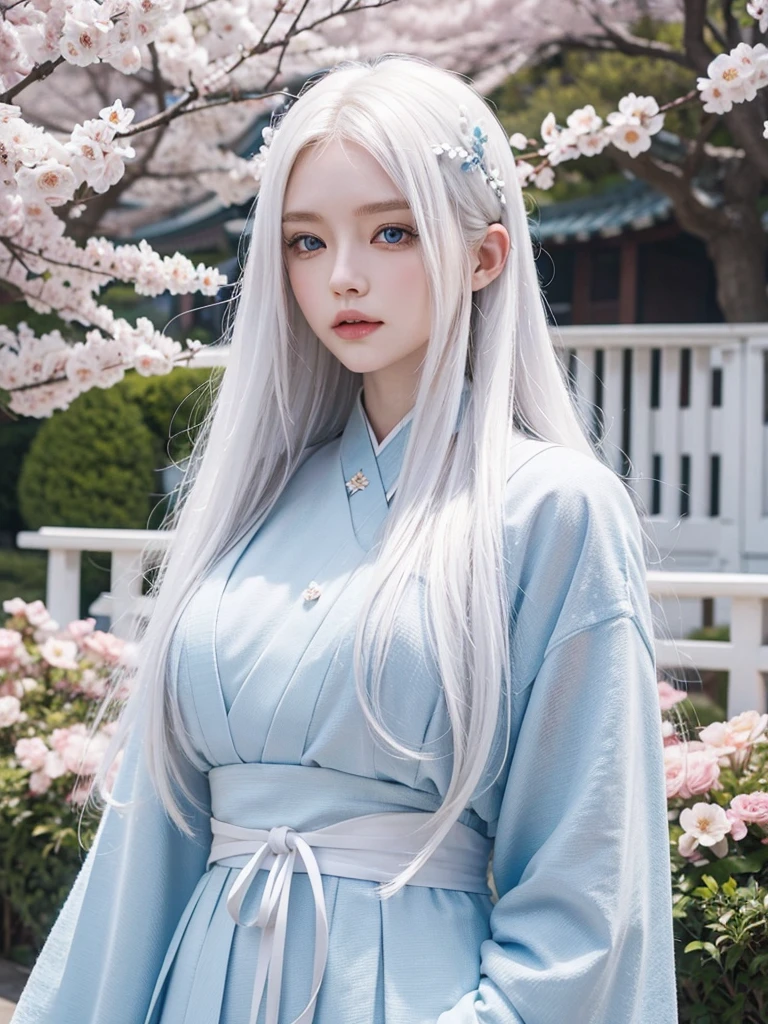 Long white hair, blue eyes, serious features, white skin, loose style, in a garden,in the Sakura Korea ,Korean Palace