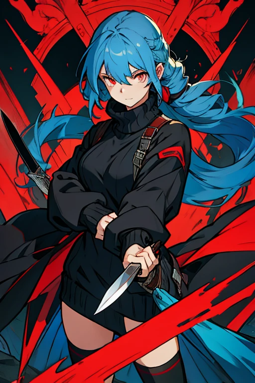 Young woman blue hair red eyes black sweater long stockings holding a knife