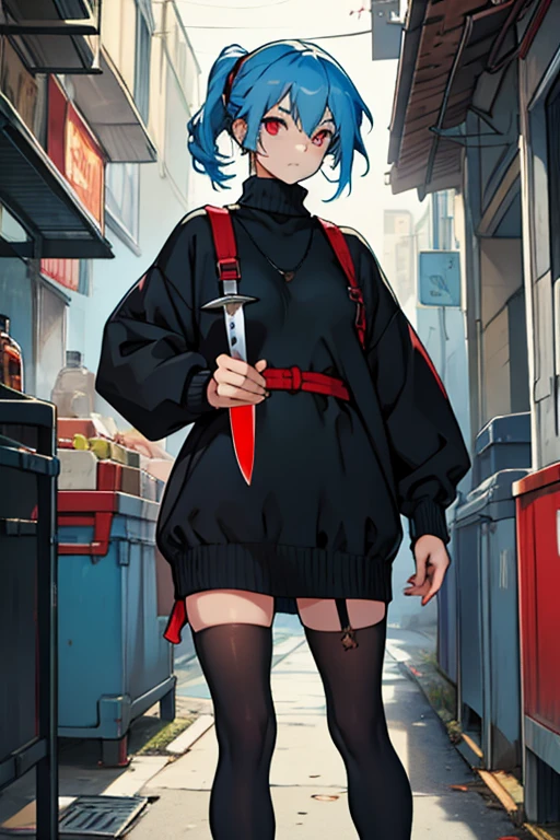 Young woman blue hair red eyes black sweater long stockings holding a knife 