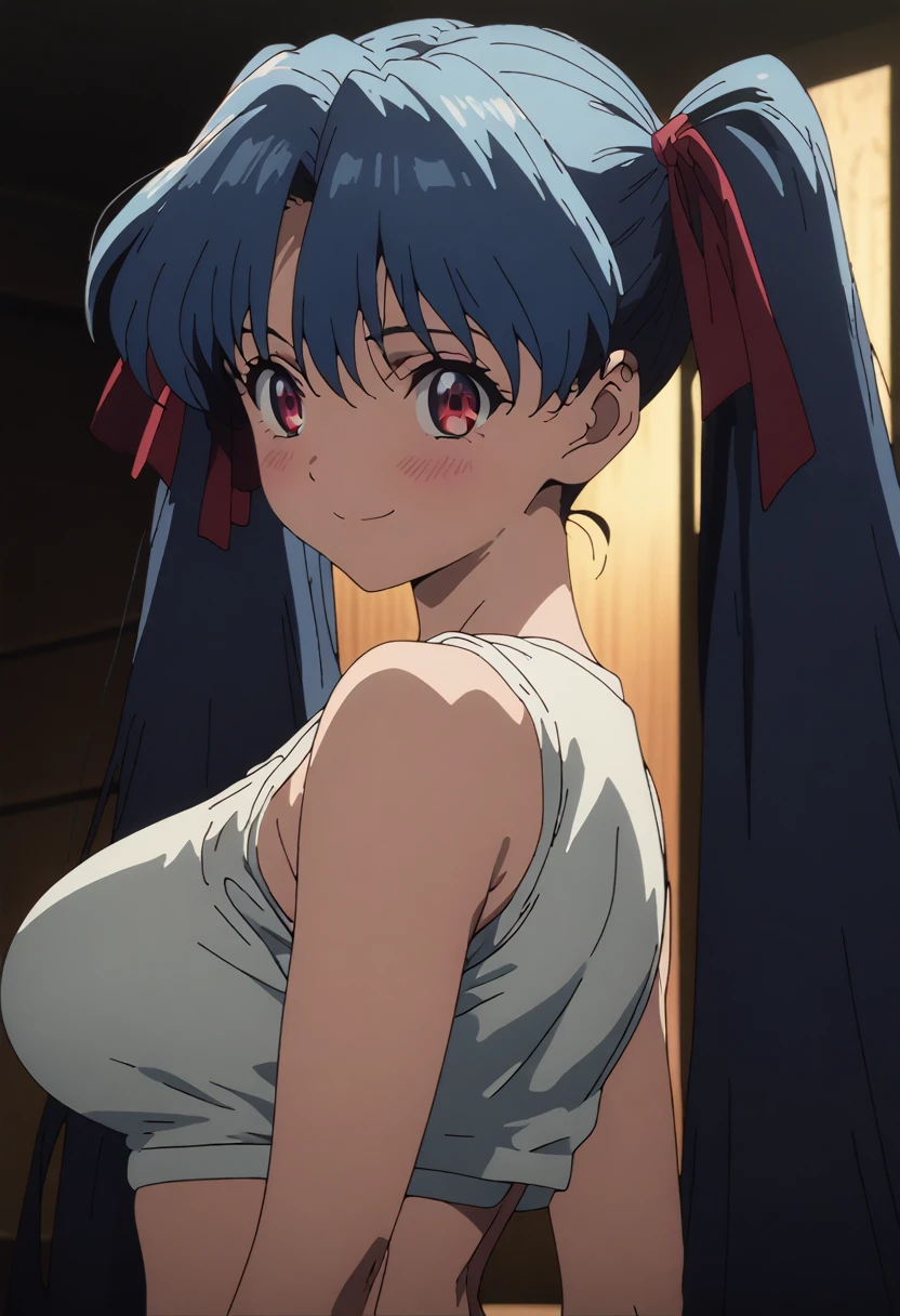 cel-shaded, 1990s anime, portrait, detailed, high quality, cinematic lighting, contrast, dynamic shadows, atmospheric, masterpiece, best quality, very aesthetic, absurdres, anime screencap, miku. 1girl, solo, red eyes, detailed eyes, blue hair, twintails, long twintails, hair ribbons, white crop top, thong, indoors, curvy body, big breasts, blush, smile, cowboy shot, standing, front view