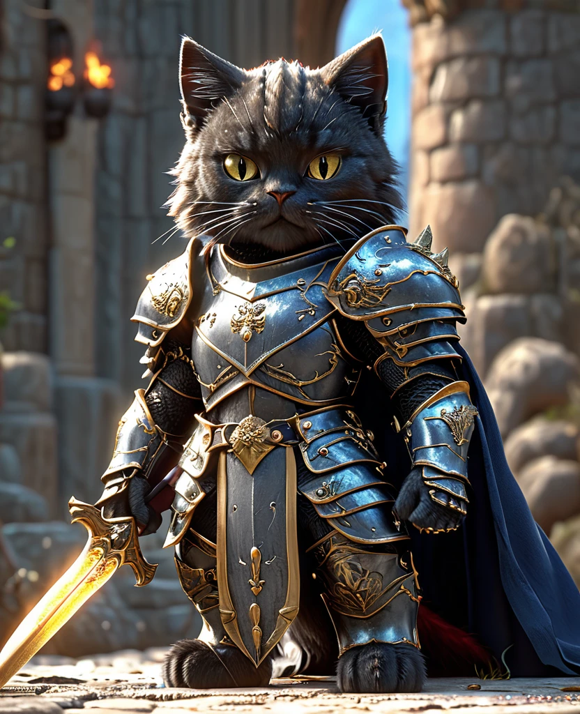 cat knight,whole body, Have a Dragon Slayer, Wearing dark armor, Castle Background, High resolution, masterpiece, Highest quality, Super detailed, Super detailed, Ultra-realistic,
 Hong Kong Style, 3D Fluffy, Cute and adorable close-ups, Cute big round reflective eyes, Long fuzzy fur, Pixar Rendering, unreal engine Cinematic smooth, Exquisite detail, Cinematic