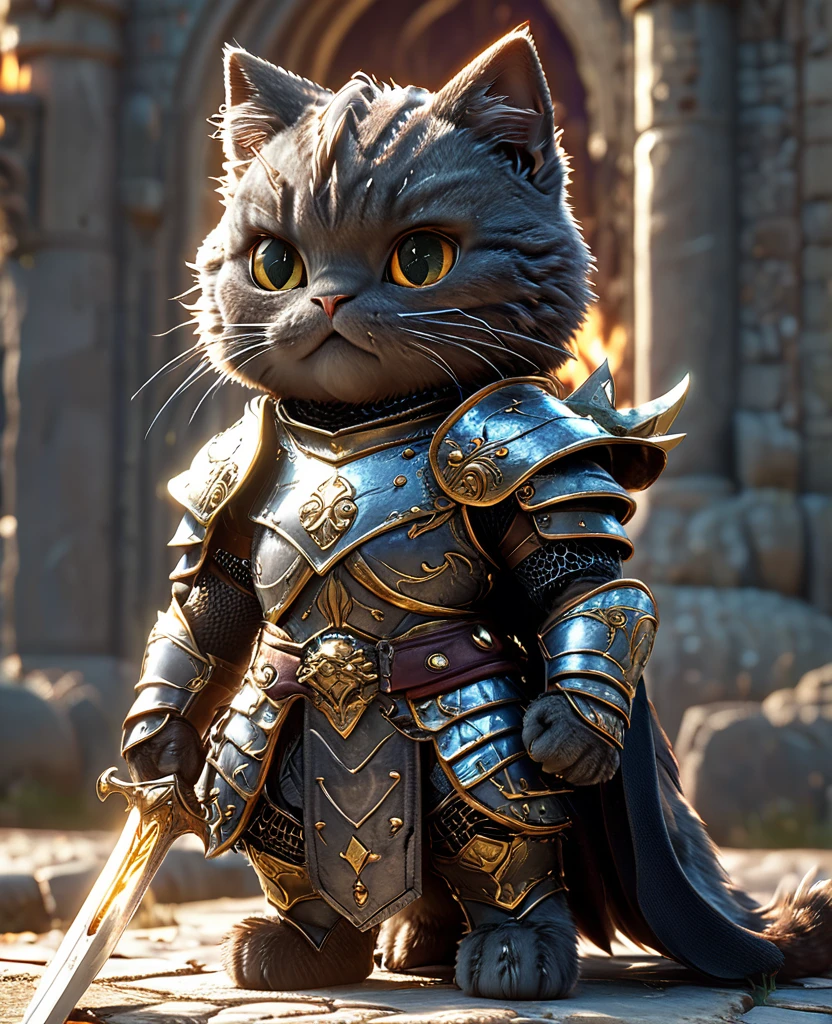 cat knight,whole body, Have a Dragon Slayer, Wearing dark armor, Castle Background, High resolution, masterpiece, Highest quality, Super detailed, Super detailed, Ultra-realistic,
 Hong Kong Style, 3D Fluffy, Cute and adorable close-ups, Cute big round reflective eyes, Long fuzzy fur, Pixar Rendering, unreal engine Cinematic smooth, Exquisite detail, Cinematic