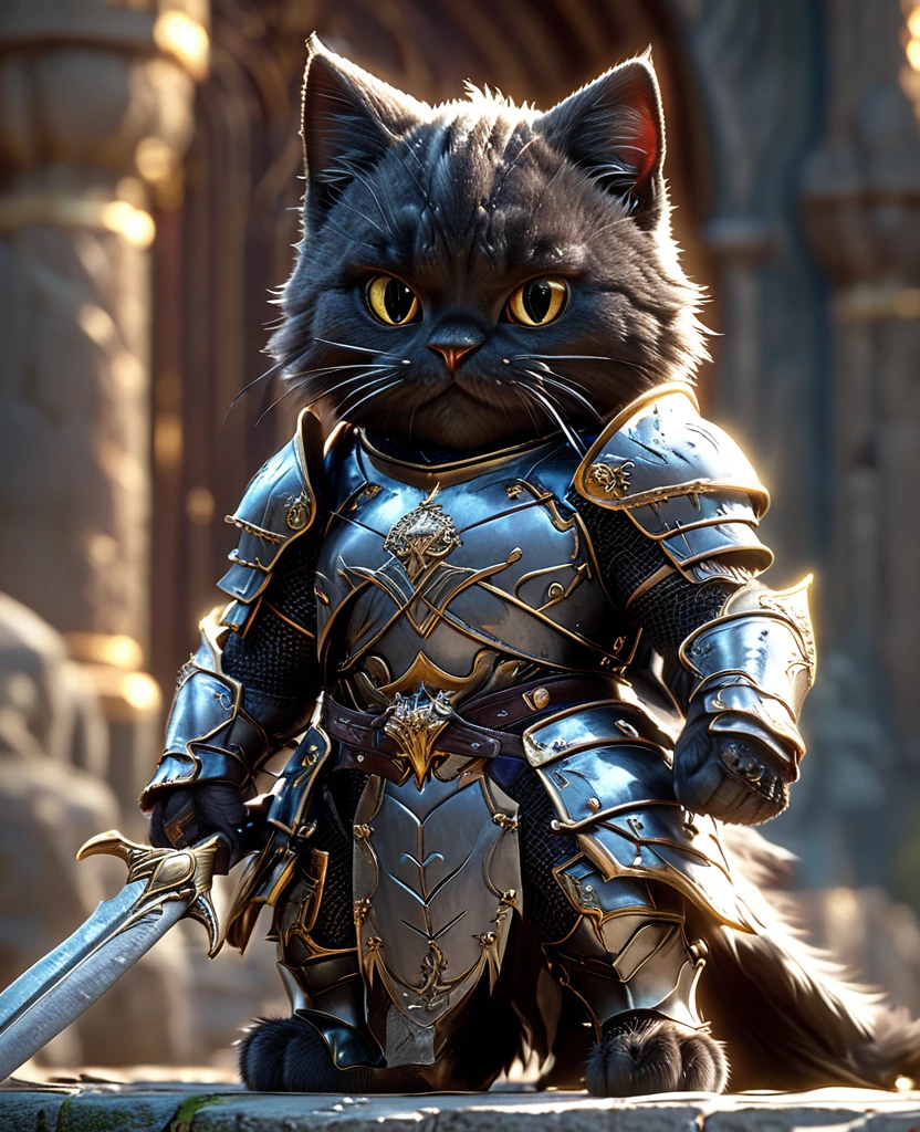 cat knight,whole body, Have a Dragon Slayer, Wearing dark armor, Castle Background, High resolution, masterpiece, Highest quality, Super detailed, Super detailed, Ultra-realistic,
Hong Kong Style, 3D Fluffy, Cute and adorable close-ups, Cute big round reflective eyes, Long fuzzy fur, Pixar Rendering, unreal engine Cinematic smooth, Exquisite detail, Cinematic