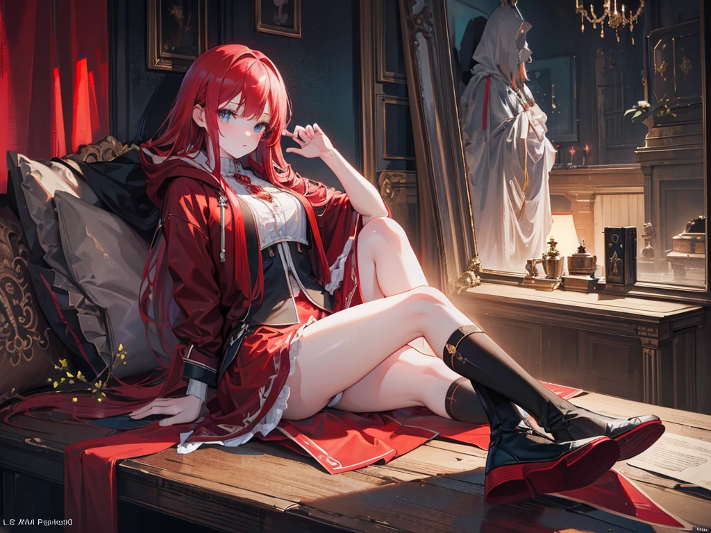 A with long red hair wearing a red hooded cloak, sitting with her legs spread, wearing black thigh-high socks and striped white and teal panties, highly detailed, intricate, photorealistic, dramatic lighting, cinematic composition, 8k, masterpiece, (best quality,4k,8k,highres,masterpiece:1.2),ultra-detailed,(realistic,photorealistic,photo-realistic:1.37),HDR,UHD,studio lighting,ultra-fine painting,sharp focus,physically-based rendering,extreme detail description,professional,vivid colors,bokeh,fantasy,dark fairytale