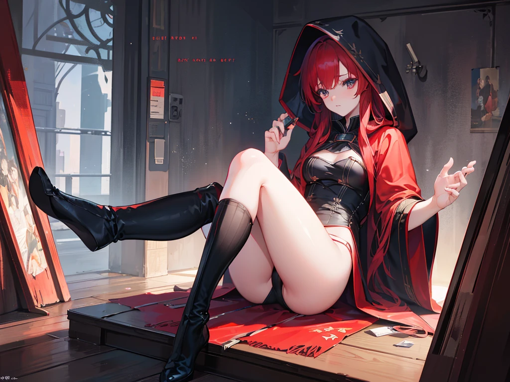 A  with long red hair wearing a red hooded cloak, sitting with her legs spread, wearing black thigh-high socks and striped white and teal panties, highly detailed, intricate, photorealistic, dramatic lighting, cinematic composition, 8k, masterpiece, (best quality,4k,8k,highres,masterpiece:1.2),ultra-detailed,(realistic,photorealistic,photo-realistic:1.37),HDR,UHD,studio lighting,ultra-fine painting,sharp focus,physically-based rendering,extreme detail description,professional,vivid colors,bokeh,fantasy,dark fairytale