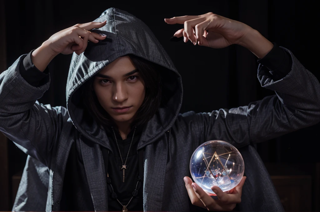 young male magician, head covered with a hood, holding a magic crystal ball, there&#39;s a big black dragon behind you, inside a ball of lightning