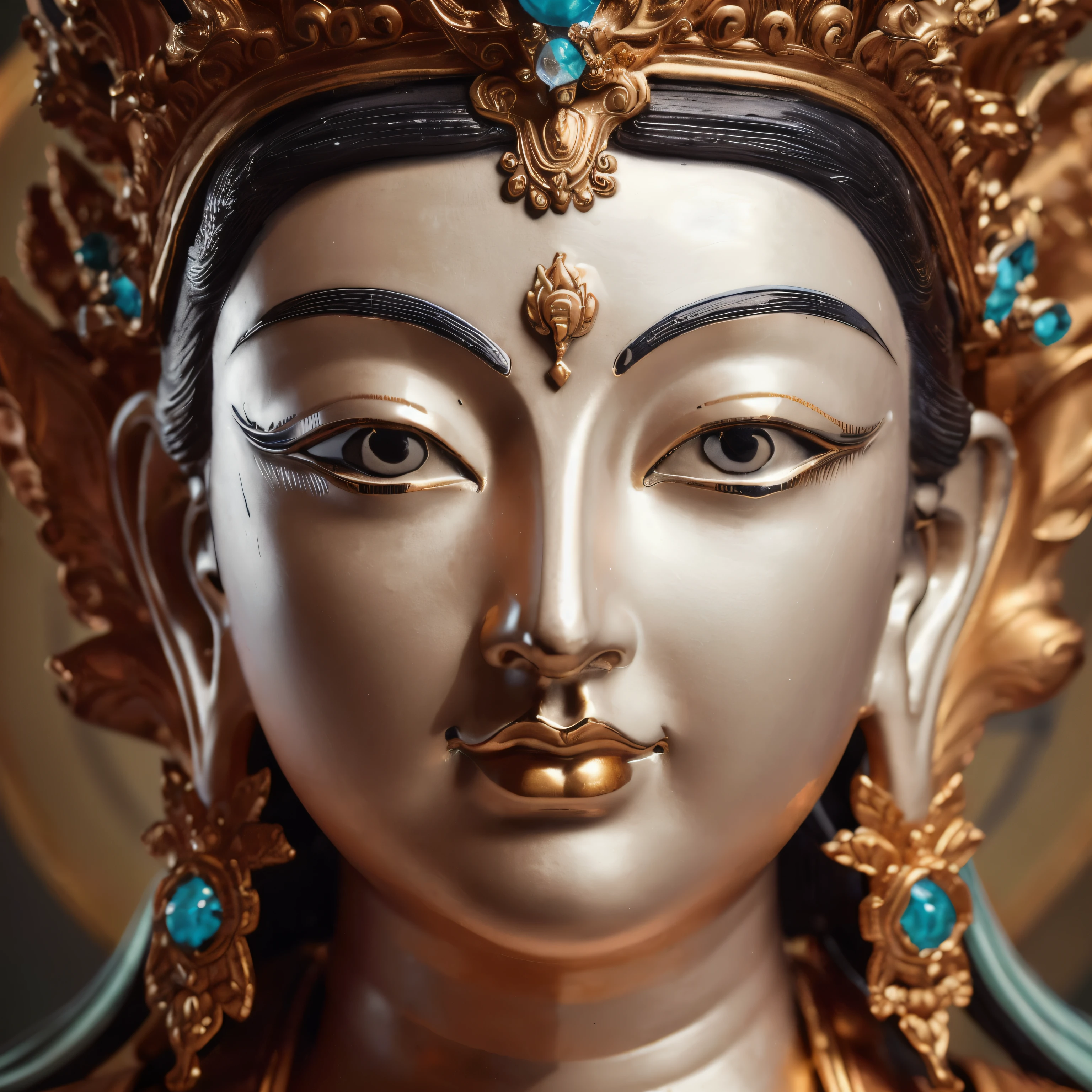 Close-up of statue of woman with crown on head, nice images, Guanyin, Calm expression, contented female Buddha, 3 d goddess portrait, Buddha, Avatar pictures, Guanyin of the southern seas, goddess close-up portrait, goddess. Extremely high detail, Buddhism