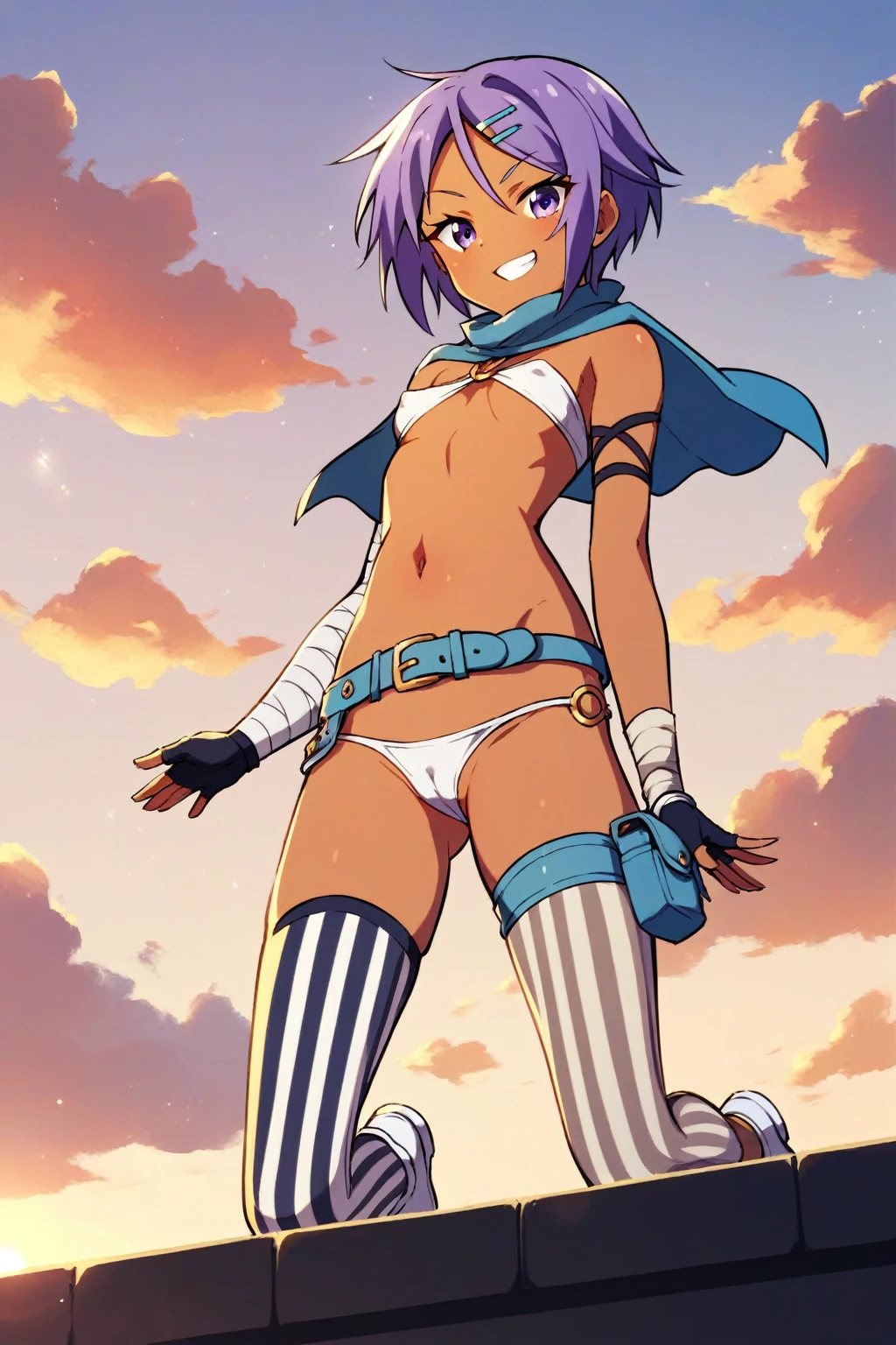 REN,DARK-SKINNED FEMALE, PURPLE EYES, PURPLE HAIR,SHORT HAIR,DARK SKIN, SMALL BREASTS,HAIR BETWEEN EYES, HAIR ORNAMENT, HAIRCLIP, RENDRESS,WHITE BIKINI, O-RING TOP, BLUE CAPELET, BLUE BELT, FINGERLESS GLOVES, ARM BANDAGES, NAVEL,ASYMMETRICAL LEGWEAR, SINGLE THIGHHIGH, VERTICAL STRIPED THIGHHIGHS, THIGH STRAP, WHITE FOOTWEAR, Score_9, Score_8_up, Score_7_up, Score_6_up, Score_5_up, Score_4_up, BREAK,1girl in full growth, best quality, masterpiece, ultra-detailed, high quality,good quality,1 girl,(master piece,high resolution, ultra detailed,8K,16K),look at viewer, from below, sunset, on the roof, serious grin, partially_visible_vulva, covered nipples, on knees,