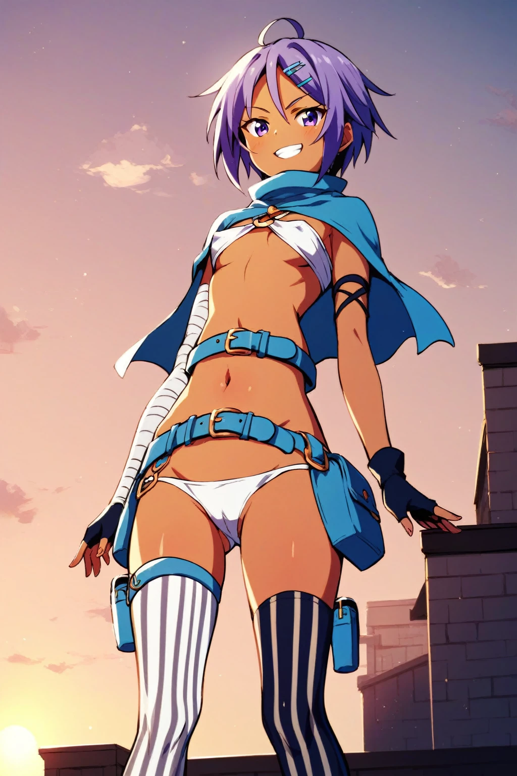 REN,DARK-SKINNED FEMALE, PURPLE EYES, PURPLE HAIR,SHORT HAIR,DARK SKIN, SMALL BREASTS,HAIR BETWEEN EYES, HAIR ORNAMENT, HAIRCLIP, RENDRESS,WHITE BIKINI, O-RING TOP, BLUE CAPELET, BLUE BELT, FINGERLESS GLOVES, ARM BANDAGES, NAVEL,ASYMMETRICAL LEGWEAR, SINGLE THIGHHIGH, VERTICAL STRIPED THIGHHIGHS, THIGH STRAP, WHITE FOOTWEAR, Score_9, Score_8_up, Score_7_up, Score_6_up, Score_5_up, Score_4_up, BREAK,1girl in full growth, best quality, masterpiece, ultra-detailed, high quality,good quality,1 girl,(master piece,high resolution, ultra detailed,8K,16K),look at viewer, from below, sunset, on the roof, serious grin, partially_visible_vulva, covered nipples, on knees,