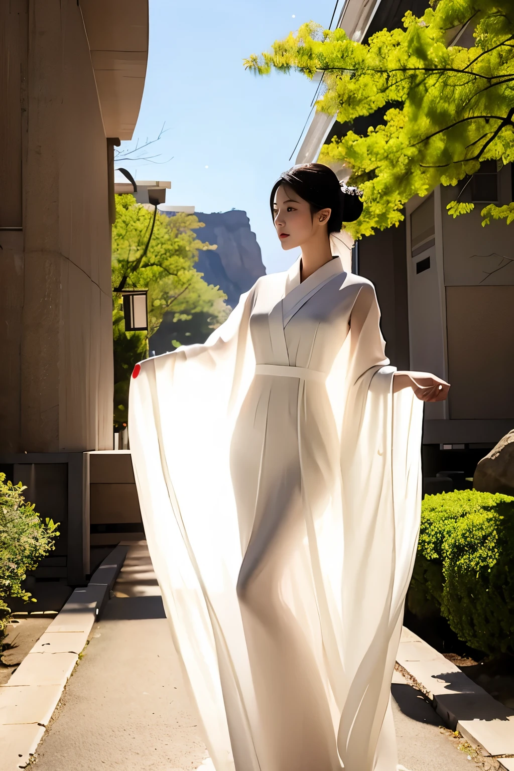 (masterpiece, best quality:1.2), 1girl, solo, delicate face, white-skinned female, see-through silhouette, white dress, full body,outdoor,japanese clothes,kimono,in the canyon