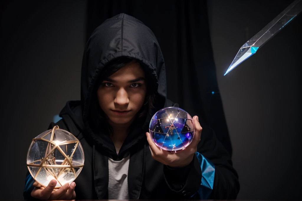 young male magician, head covered with a hood, holding a magic crystal ball, there&#39;s a big black dragon behind you, inside a ball of lightning