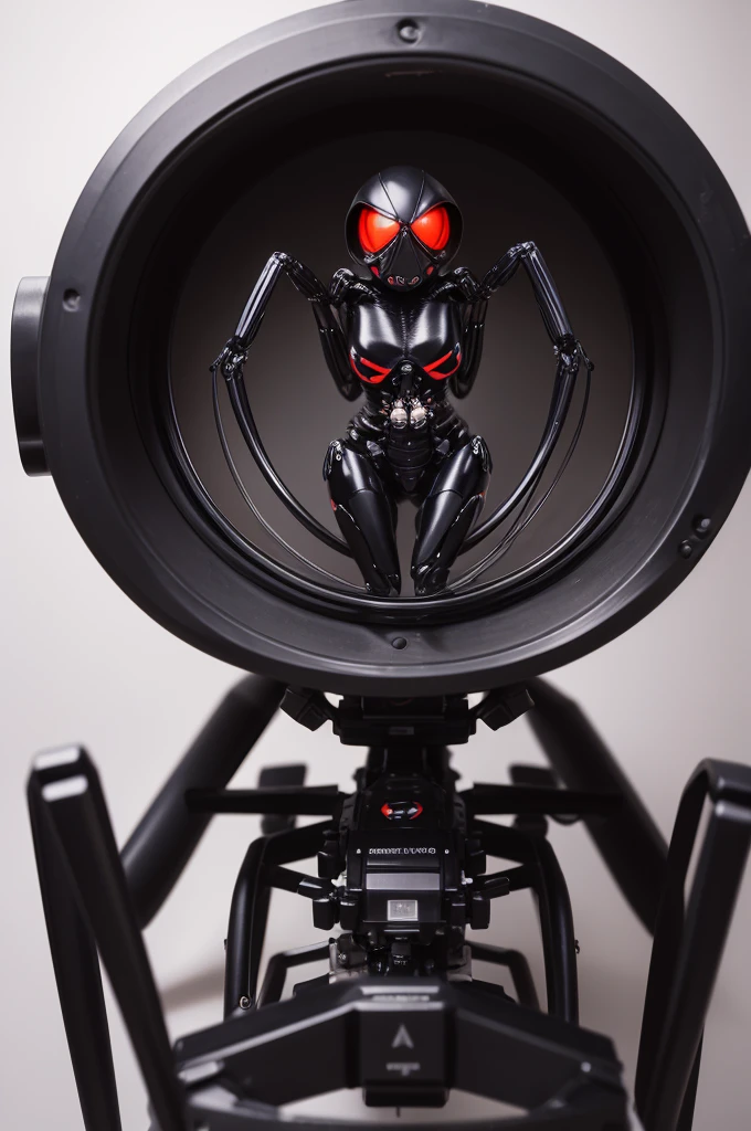 A mechanical black widow spider on a neutral background. The spider's spherical body is covered in black metallic plates with silver highlights.. The legs are thin and articulated, with ball joints and small hydraulic pistons. The eyes are represented by cameras with bright red lenses. Small screws and rivets are visible in the joints and body plates, adding realism to mechanical construction.