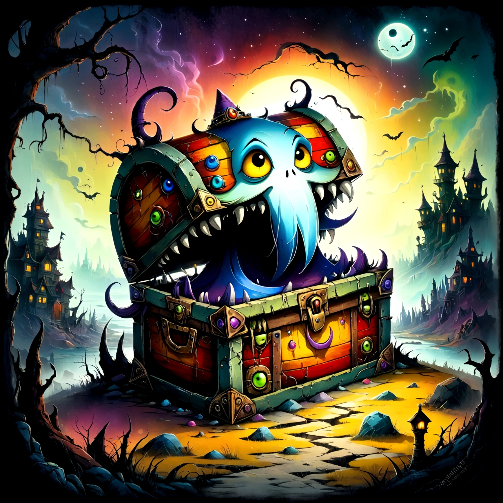 Colorful treasure chest monsters,Artistically expressed,by Alexander Jansson　style, Stunningly beautiful work, The characters and elements of the landscape fit perfectly within the image frame, Detailed realization, Define high quality, Expressive Face, Sharp eyes,(background:Ghost Town),masterpiece,Cute Monster,(mimic chest)