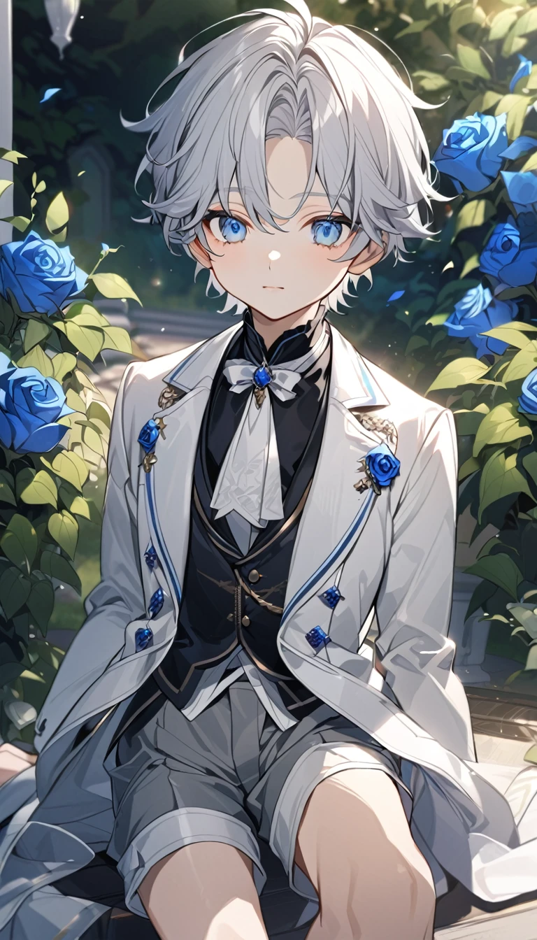 Handsome，very beautiful，1 ，young，alone，white short hair，blue eyes，black shirt，Luxurious white blazer，((Gray suit shorts))，black garters，((blue Rose))，White satin ribbon clothing decoration，Exquisite clothing details，Calm expression，Holy，Goethe-style，garden