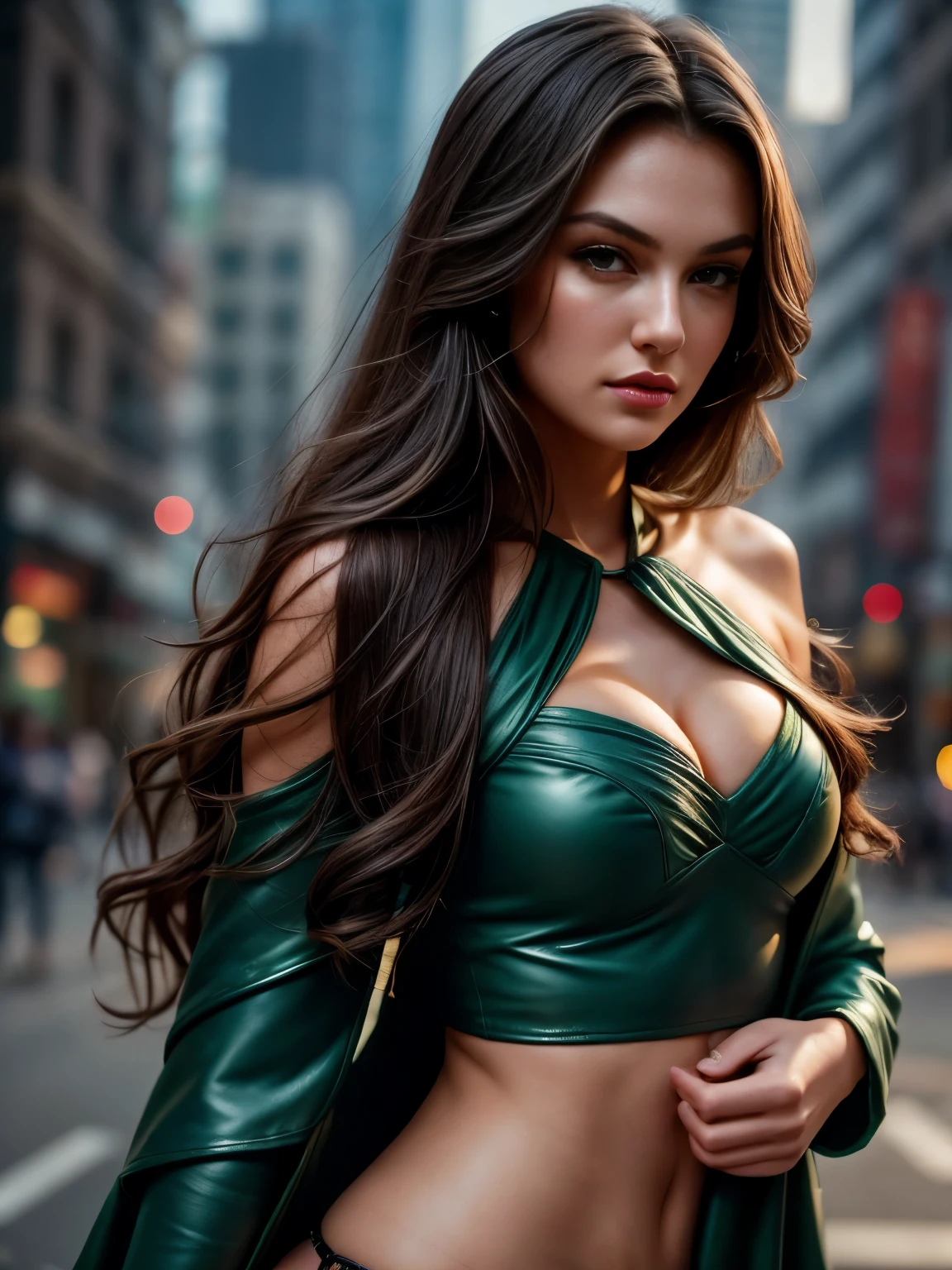 Gorgeous european woman with very long hair, braided hair with a fringe, wet hair, hair slicked back, combed straight back, slick hair, streaked brown hair, seductive pose, Shantel vansanten, dressed in a green elf princess costume, cleavage, solid dark grey background