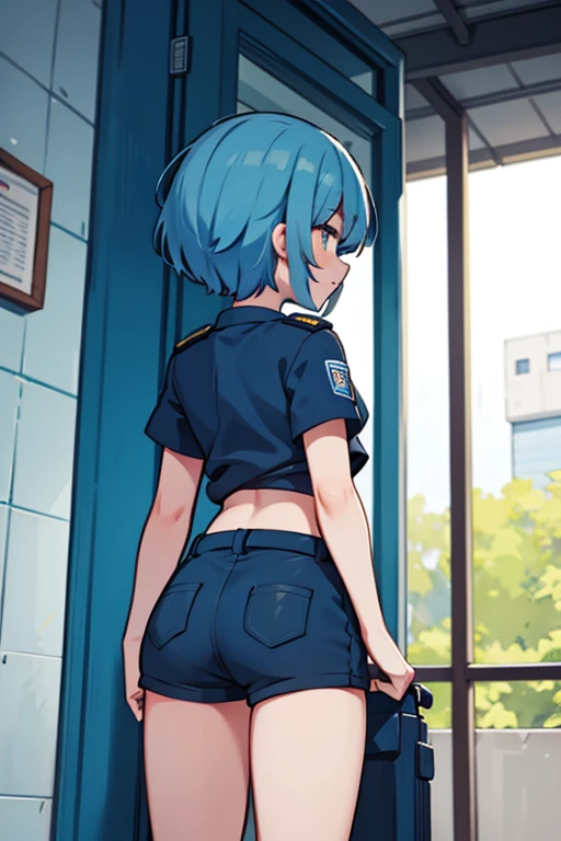 1girl, short blue hair, police shirt, tomboy, shorts, backview,
