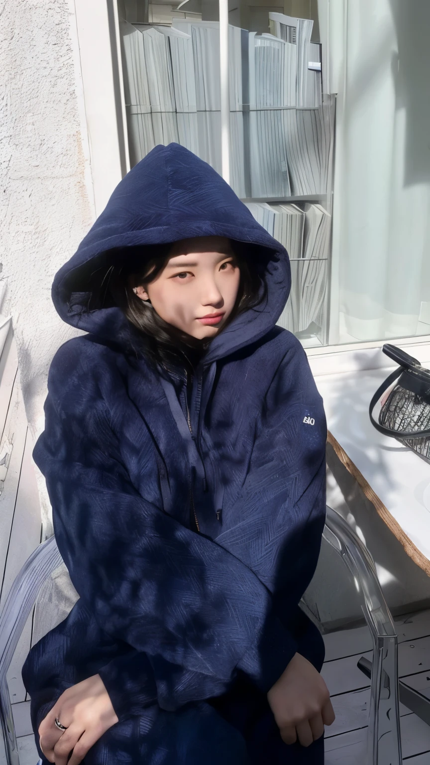 There is a woman sitting in a chair outside wearing a blue coat, girl Wearing hoodie, ulzzang, chiho, wearing a blue hoodie, profile picture, wearing an oversized hoodie, Cold, in a hoodie, black haired girl Wearing hoodie, Wearing hoodie, jinyoung shin, profile picture, shikami, Cold, profile pictureture, bae suzy, dark blue