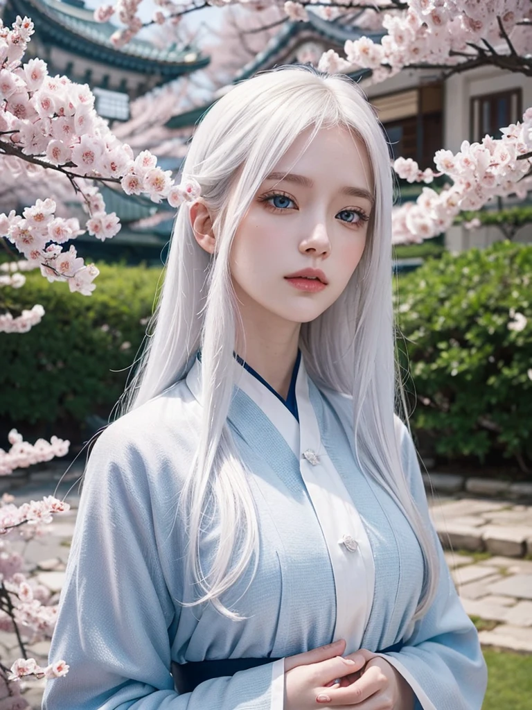Long white hair, blue eyes, serious features, white skin, loose style, in a garden,in the Sakura Korea ,Korean Palace