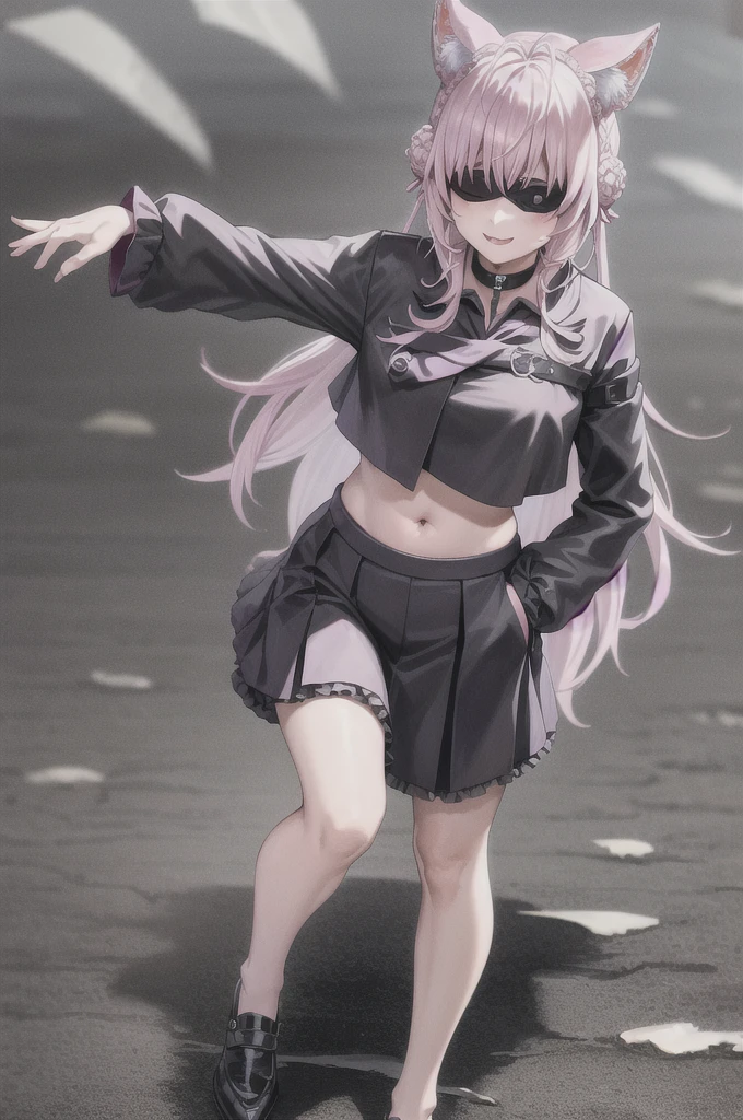 masterpiece, best quality, 1boy, Hakui koyori, white hair, short hair, blindfold, black jacket, black pants, ,high collar, long sleeves, shoes, smile, full body, standing, arms on hips, solo, looking at viewer, simple background ,hair bun
double bun
crown braid
hexagon
choker
pink necktie
white shirt,satoru gojo
crop top
pink nails
pleated skirt
black skirt