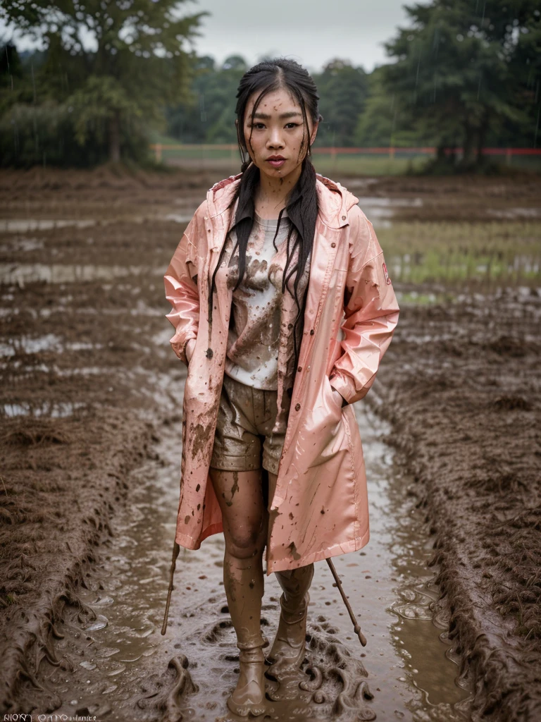 a beautiful young asian woman wearing a pink buttoned raincoat, her clothes and raincoat covered in mud, walking through a muddy field, (best quality,4k,8k,highres,masterpiece:1.2),ultra-detailed,(realistic,photorealistic,photo-realistic:1.37),HDR,UHD,studio lighting,ultra-fine painting,sharp focus,physically-based rendering,extreme detail description,professional,vivid colors,bokeh,portrait,realistic,photographic,natural lighting,muddy environment,rainy day