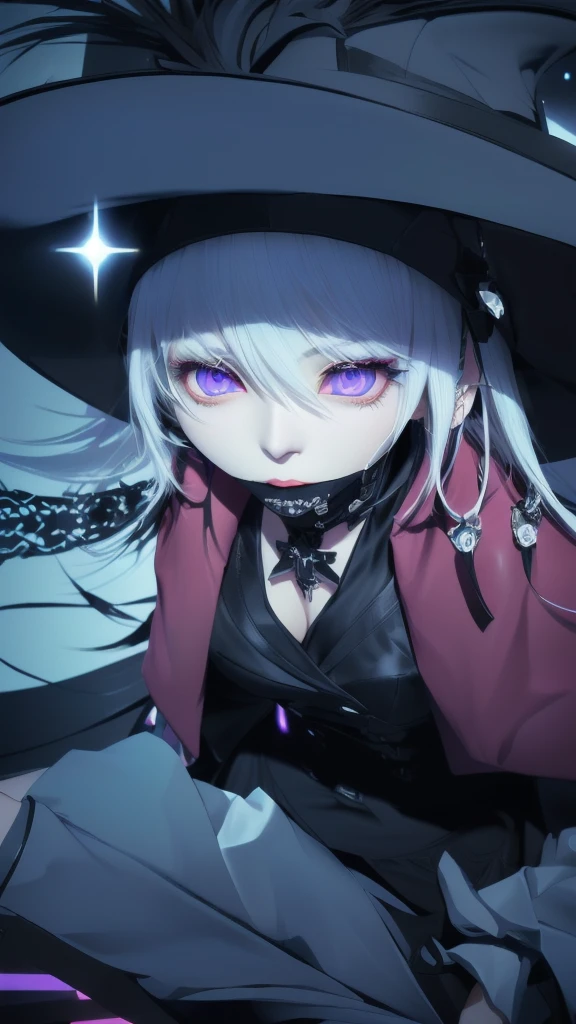Cute girl with white hair wearing a black hat and black coat, purple eyes, moe artstyle, blink, Ultra realistic, hyper realistic, detailed lighting, UHD, detailed face, edge lighting, Masterpiece, highest quality, high resolution, detail maniac, high definition, high quality, detailed face, detailed body limbs