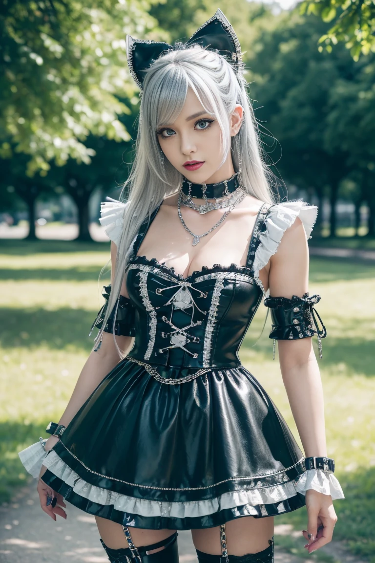 y stylish Swedish model, only 1 female, long multicolor stylish hair, ((shiny Punk-Style boots)), smile, Punk makeup, lipgloss, ((sexunk Lolitaay)), unconventional skirt, petticoats, high neckline, ((ultra detailed lace)), ((ultra detailed embroidery)), intricate details, tartan patterns, ((silver chains)), ((silver spikes)), ((safety pins)), Punk Lolita acces, Punk Lolita choker, ((lparkling Punk Lolita jewelry)), cinemaght, detailed large park background with trees