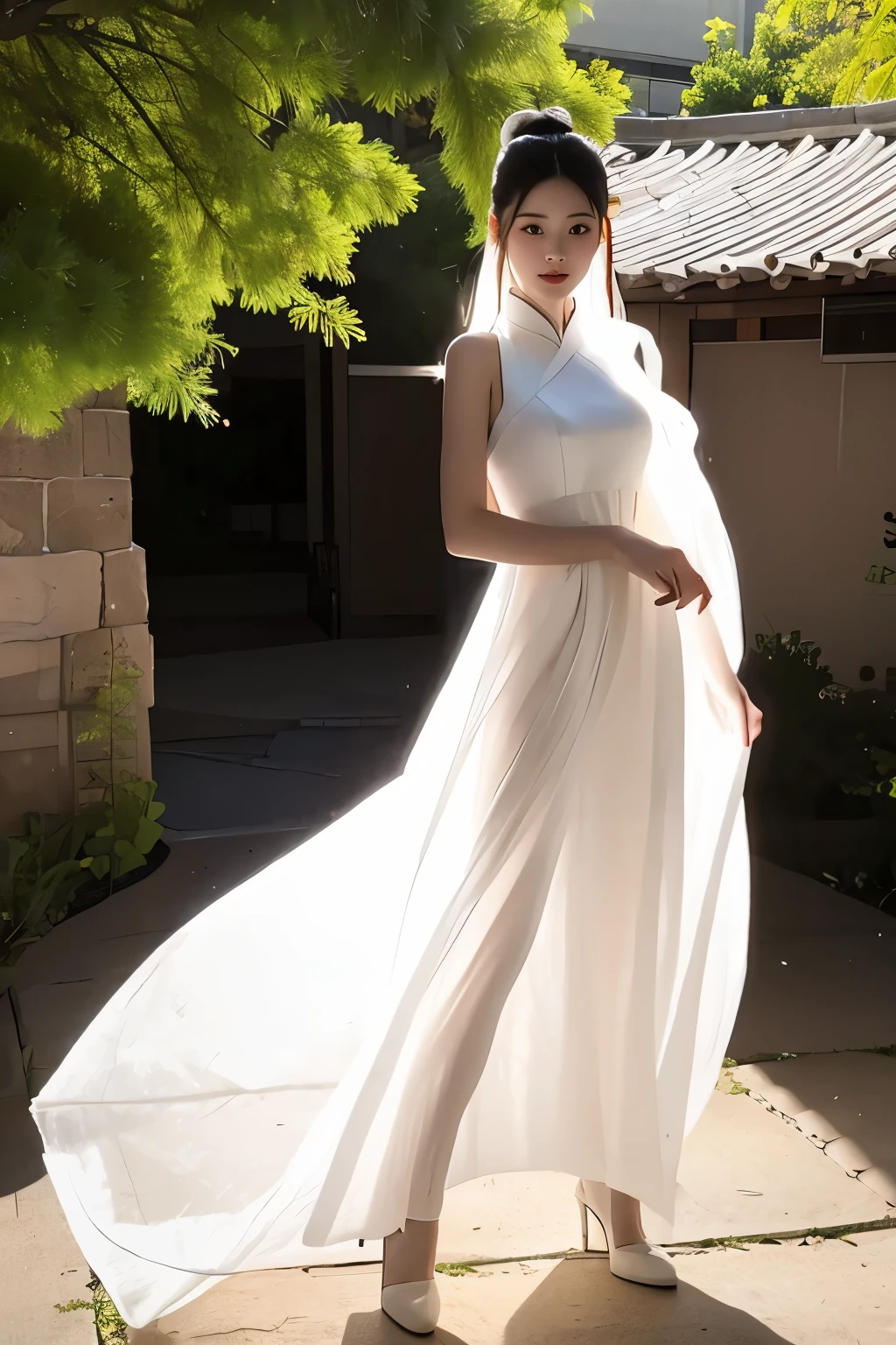 (masterpiece, best quality:1.2), 1girl, solo, delicate face, white-skinned female, see-through silhouette, white dress, full body,outdoor,hanfu, chinese traditional dress,in the canyon