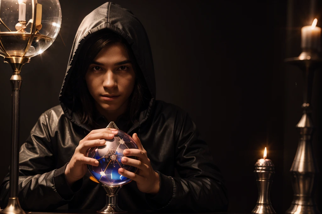 young male magician, head covered with a hood, holding a magic crystal ball, there's a big black dragon behind you, inside a ball of lightning